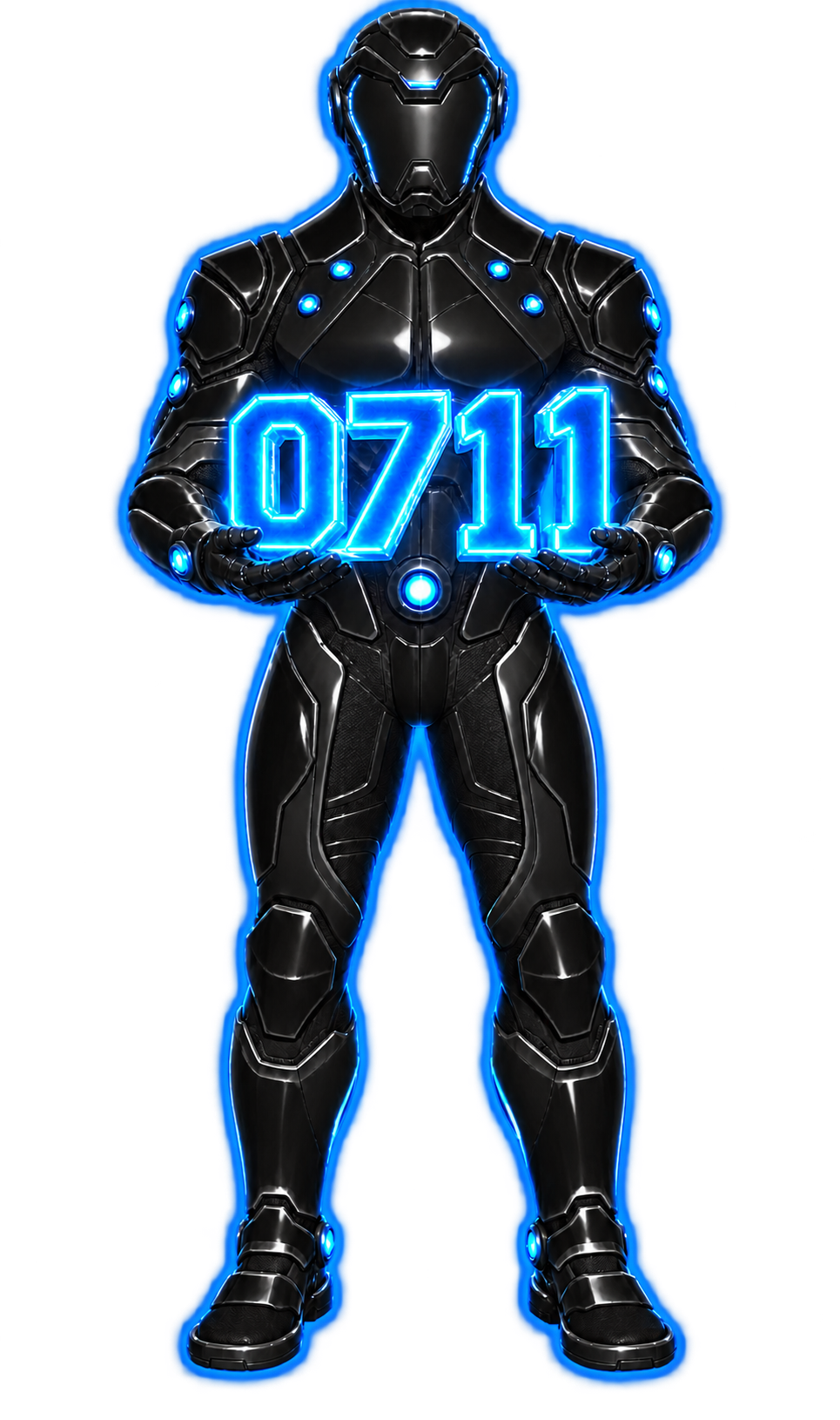 Schwarz-blaue Figur mit blau leuchtendem 0711 in den Händen und blauer LED-Kontur